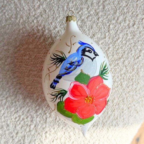 Large Hand-Painted Glass Christmas Ornament Blue Jay Poinsettia White Teardrop - Picture 3 of 7